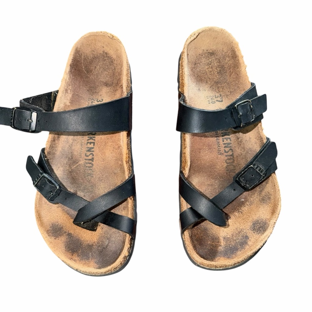 Birkenstock Mayari Sandals Black Leather Size 37 Women’s 6 Toe Loop